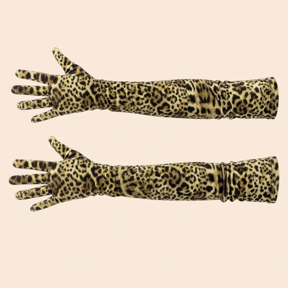 New Leopard Print Velvet Opera Gloves Animal Print Elbow Length Formal